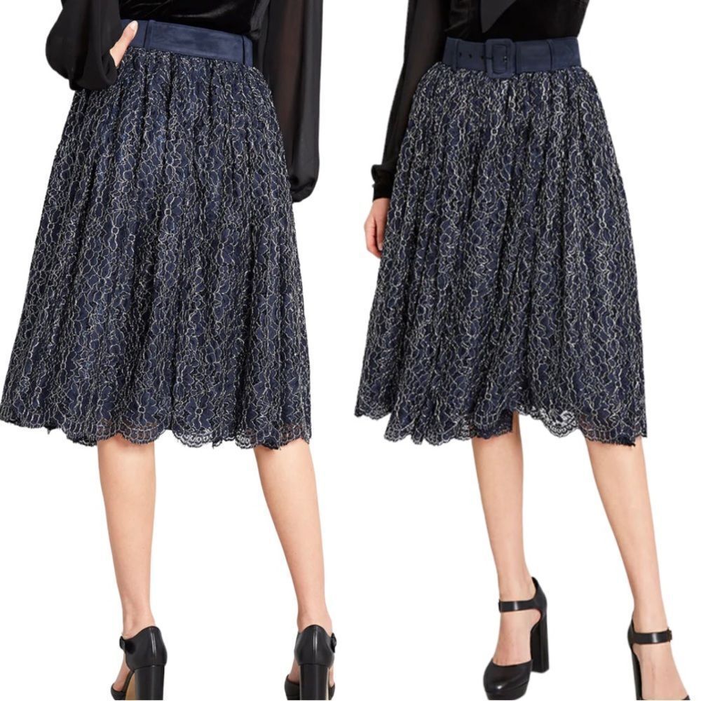 MODCLOTH x Collectif Metallic Lace Midi Flowy Skirt Belted waist Sml NWT